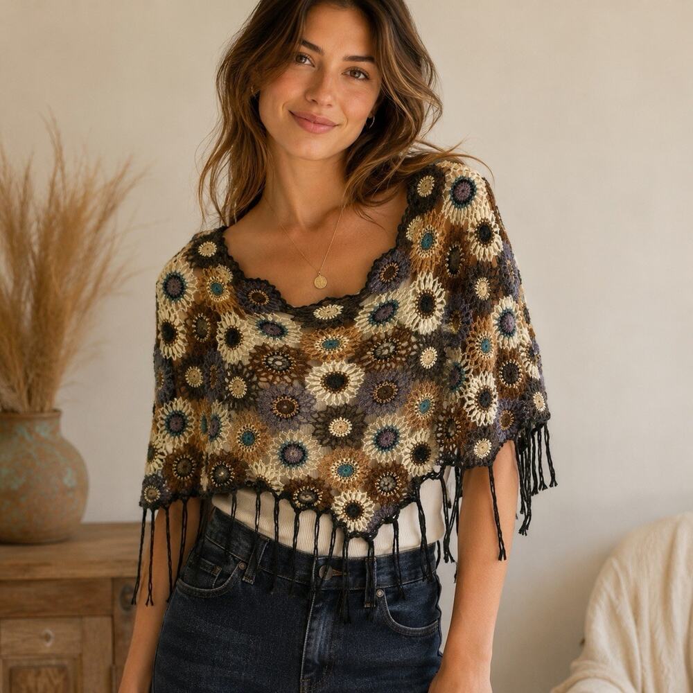LuLu Crochet Floral Poncho Capelet Kid Mohair Wool Fringe Boho Festival One Size